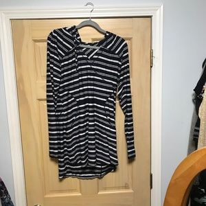 Hooded, navy blue and white swimsuit, cover-up